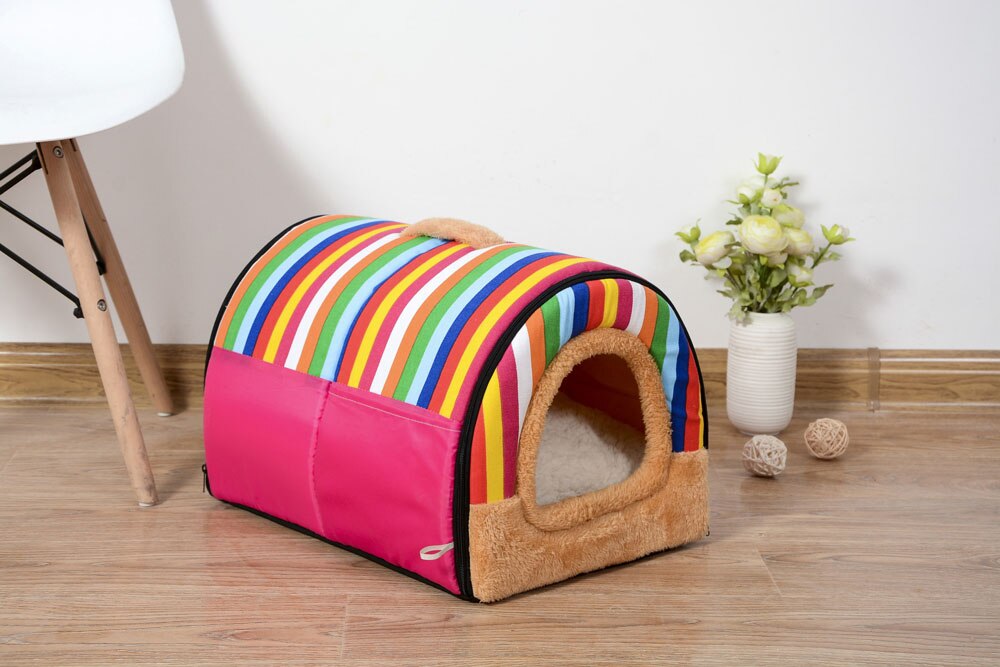 Niche pliable pour animaux de compagnie, niche avec tapis, lit pour chien, chat, chiot, petit, moyen gabarit, Chihuahua, coussin: Red strip / 48cmx34cmx32cm