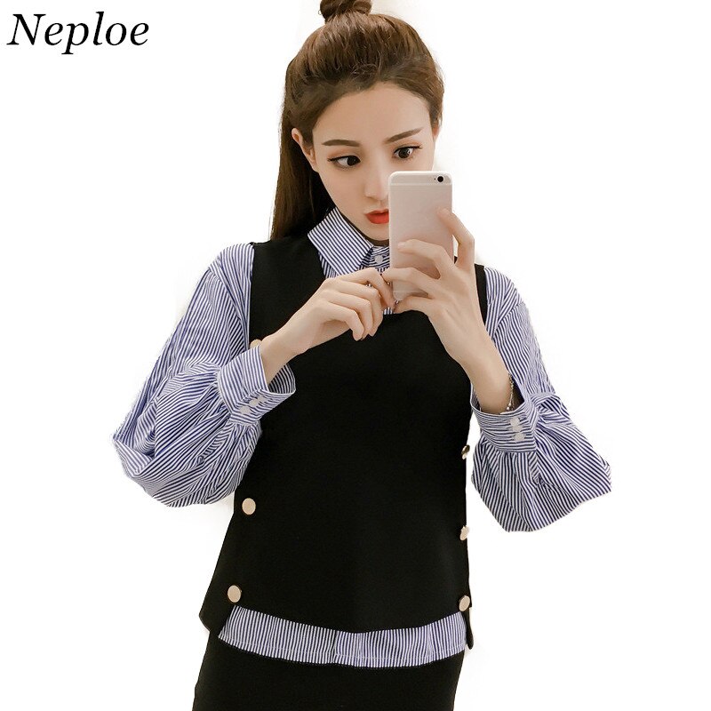 Neploe primavera para mujer a rayas camisa de manga larga y chaleco dos piezas mujeres Blusa de manga larga Chaleco Corto establece 66369