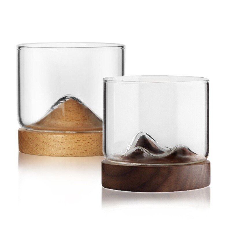 Mountain Whiskey Glass Cup Minimalist Wooden Base Rocks Beer Wine Glasses Juice Cup Bar Hotel Drinkware