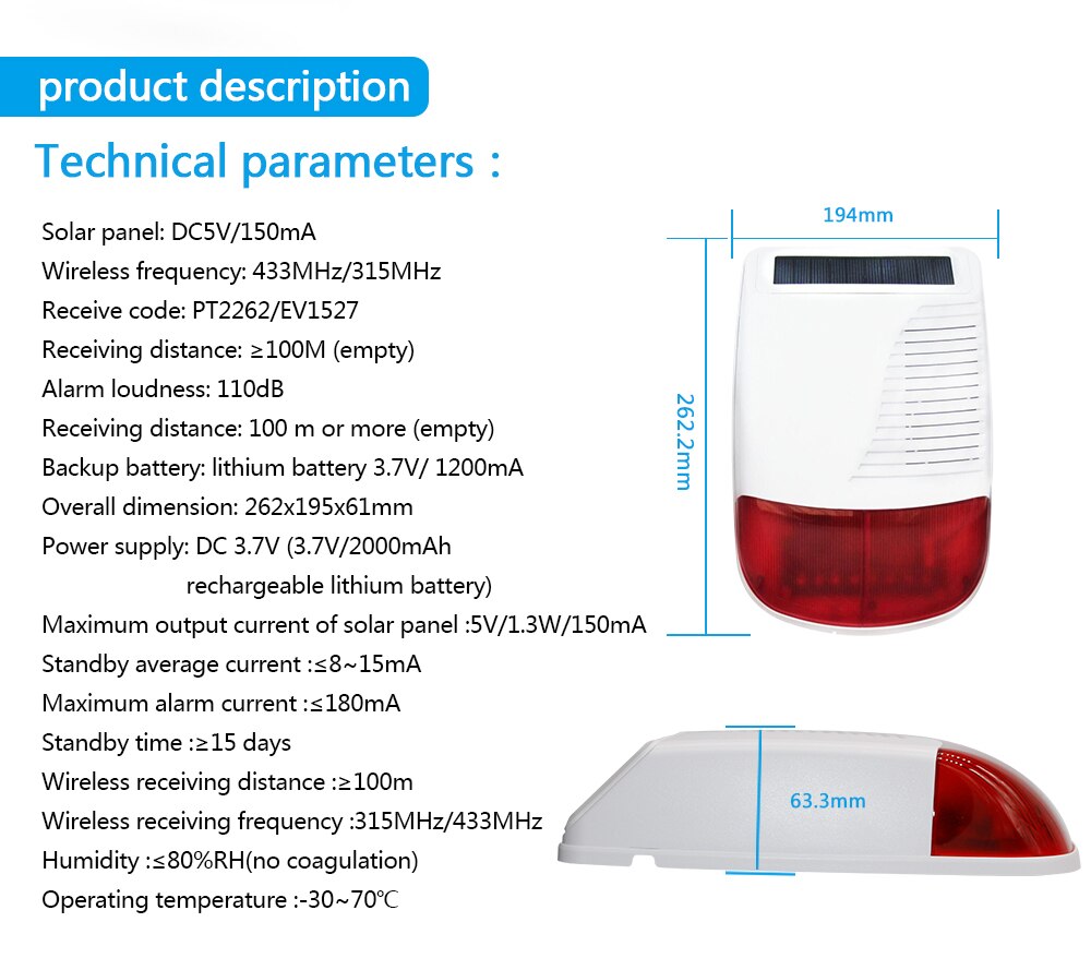 YUPA Wireless RF 433MHz Outdoor Solar Powered Strobe Light Siren Waterproof Flash Siren Can Be Used As An Alarm Host