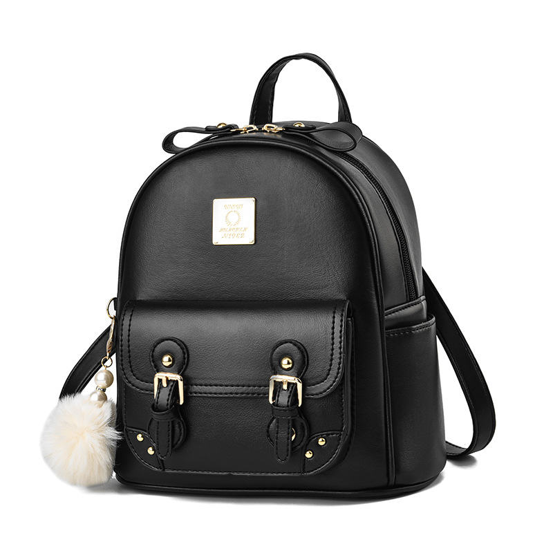 Color Block PU Backpack for Women | Stylish Daypack with Pompom Charm & Multiple Compartments: Beige