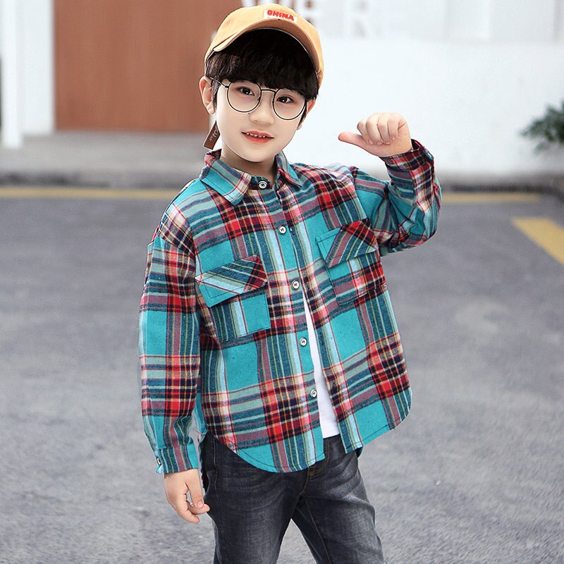 Camisa a cuadros de algodón para niños, ropa informal Vintage para adolescentes, de manga larga, de coreana, de 4 a 14 años: Azul cielo / 5