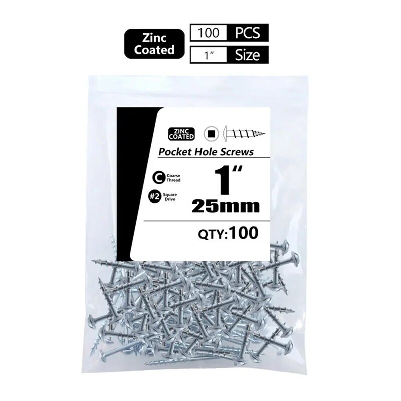 100Pcs 25-63mm SQ2 Pocket Hole Screw Coarse Thread Woodworking Self Tapping Screw Oblique Hole Screw Square Driver: WHITE