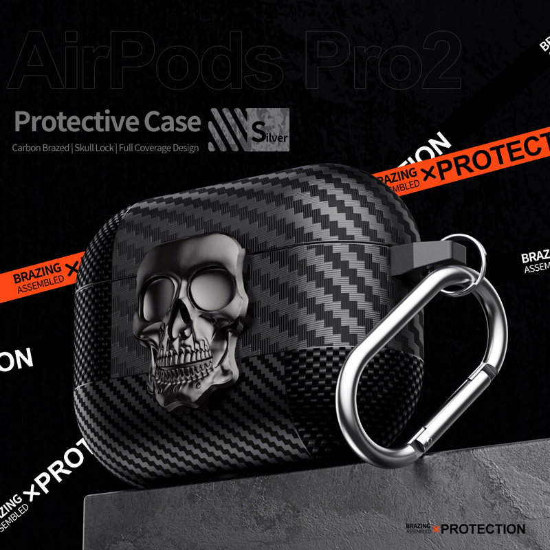 Pak Thug Skull Series Hoofdtelefoonhoes voor Airpods 4 Magnetische hoofdtelefoonhoes voor Airpods Pro 2 3 2 1 Koolstofvezelhoes met haak: S / Zilver