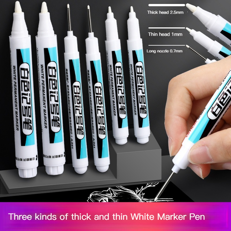 Set van 0.7/1.0/2.5mm witte verfmarkers met fijne punt, olieachtige, permanente verf voor steen, stof, hout, metaal, glas, canvas, banden en graffiti.