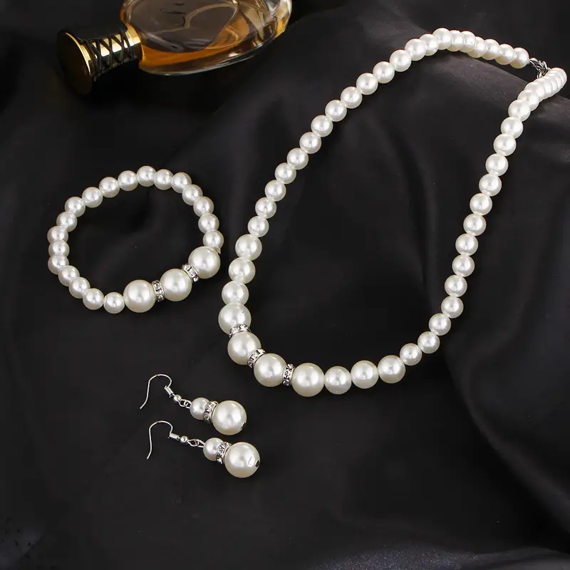 Modisches Perlen-Schmuckset, künstliche Perle, doppellagig, luxuriös, Ohrringe, Halskette, Hochzeit, Alltag, vielseitiges Halsketten- und Armbinde-einstellen