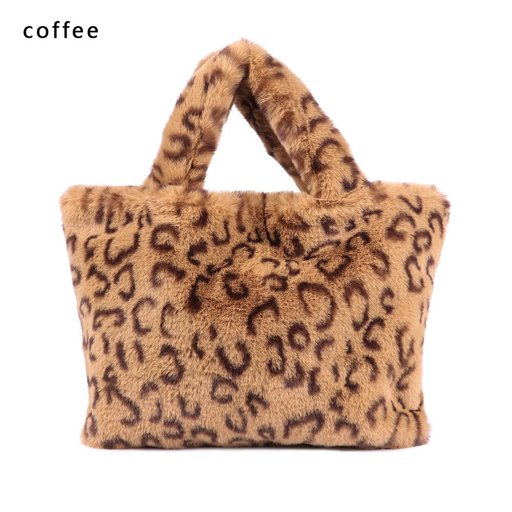 1 pc leopard plysj veske med kjede myk skulderveske for kvinner stor vinter messenger bag varm pels veske: Kaffe