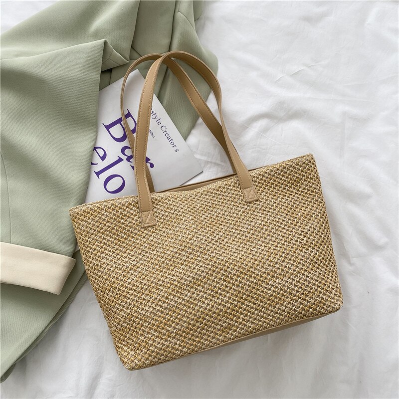 Rattan Tasche Stroh Schulter Tasche Kleine Strand Handtaschen Frauen Sommer Hohl handgefertigt: khaki