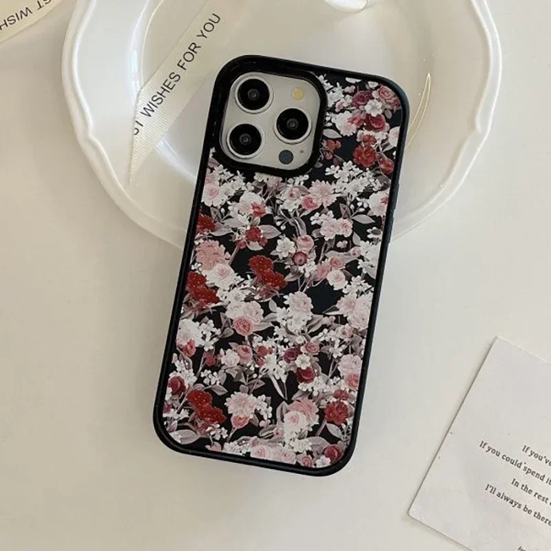 Magnetisk sort frostet telefoncover med blomstermotiv i koreansk museumstil til iphone 13 14 15, 16 pro max