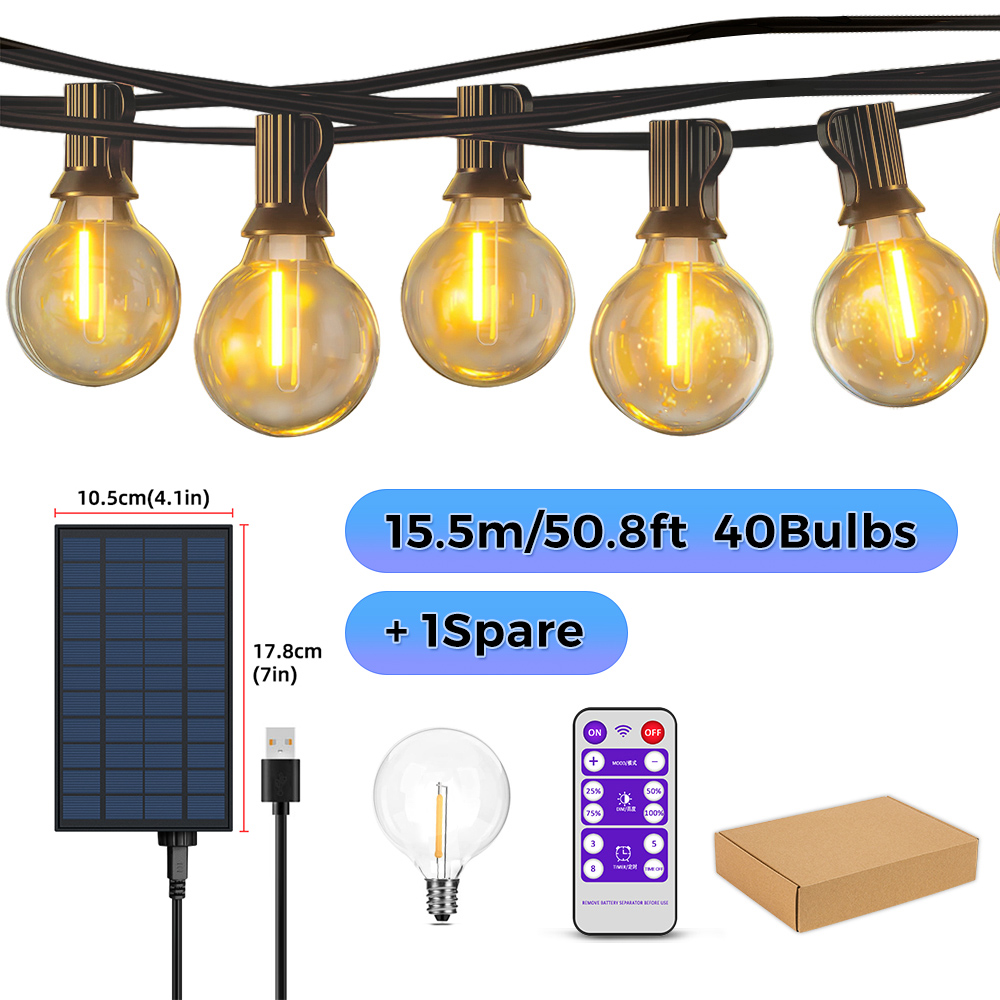 Guirnaldas de luces alimentadas por energía Solar para exteriores, luces de Patio G40 con bombillas LED inastillables, luces colgantes resistentes a la intemperie para bistró en el patio trasero: Luna Azul
