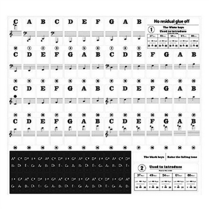 Transparent klaver keyboard klistermærke 88/61/54/49 nøgle elektronisk keyboard nøgle klaver stave note klistermærke til hvide nøgler: Sort