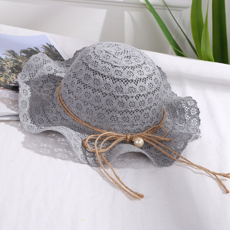 Zomer Baby Meisjes Bloemen Kant Golf Strand Emmer Hoed Kinderen Strand Caps Parel Opvouwbare Zonnescherm Hoed Casual Stro Caps 52 -54 Cm: Grijs