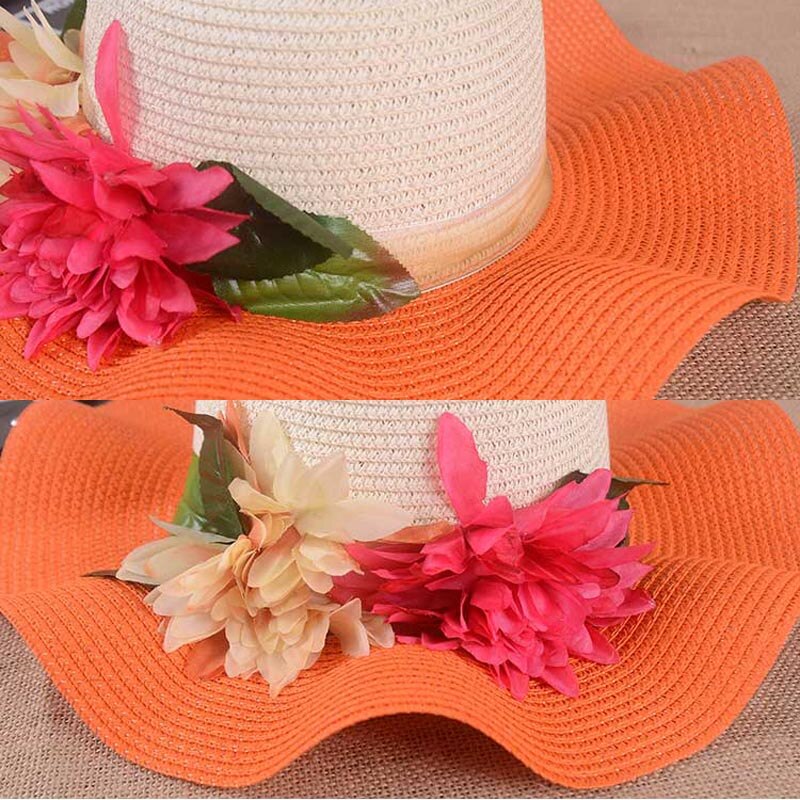 Sombrero de paja con flores para madre e hija, sombrero flexible de ala ancha para playa, verano,