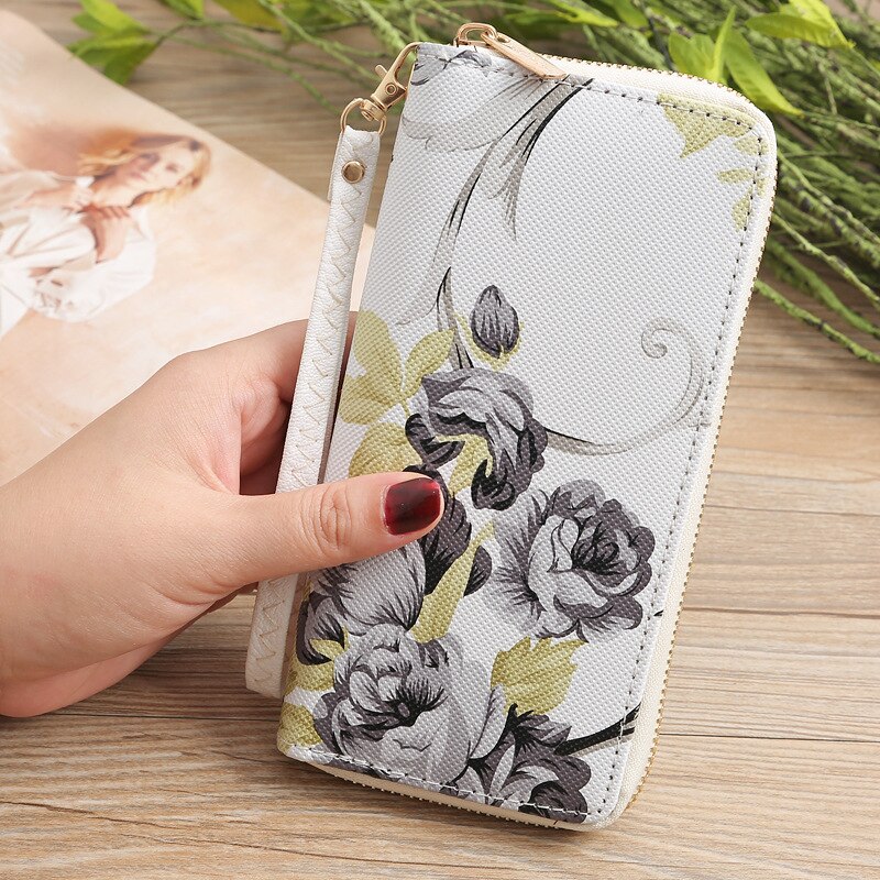 Women's Rose Print Wallet Long Handbag Wild Zipper Clutch Bag Multi-card Wallet Purse Card Holder cartera
