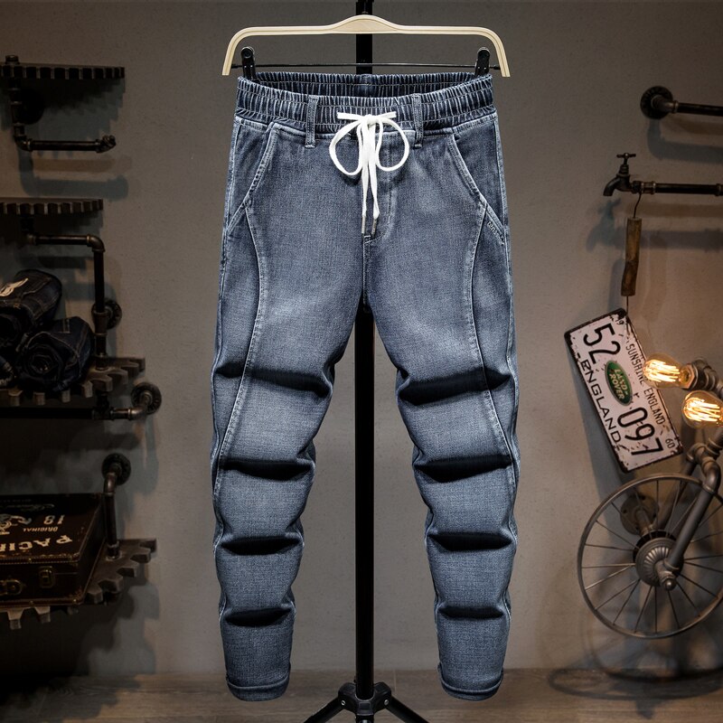 Plus Size 5XL 6XL 7XL Men&#39;s Elastic Waist Baggy Jeans 2022 Spring Denim Work Pants Male Trousers Grey Blue: blue / M (30-31)