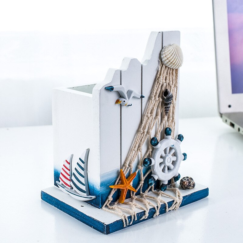 Mediterranean Wooden Storage Box Sea Bird Sailing Pencil Barrel Multifunction Home Office Desktop Decoration Organizer: 3