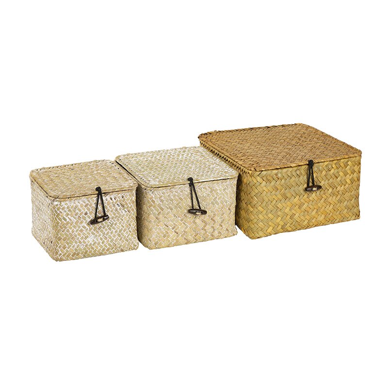Seagrass Storage Box with Lids Rattan Storage Baskets Handwoven Makeup Jewelry Wicker Boxes for Home Office Organizer