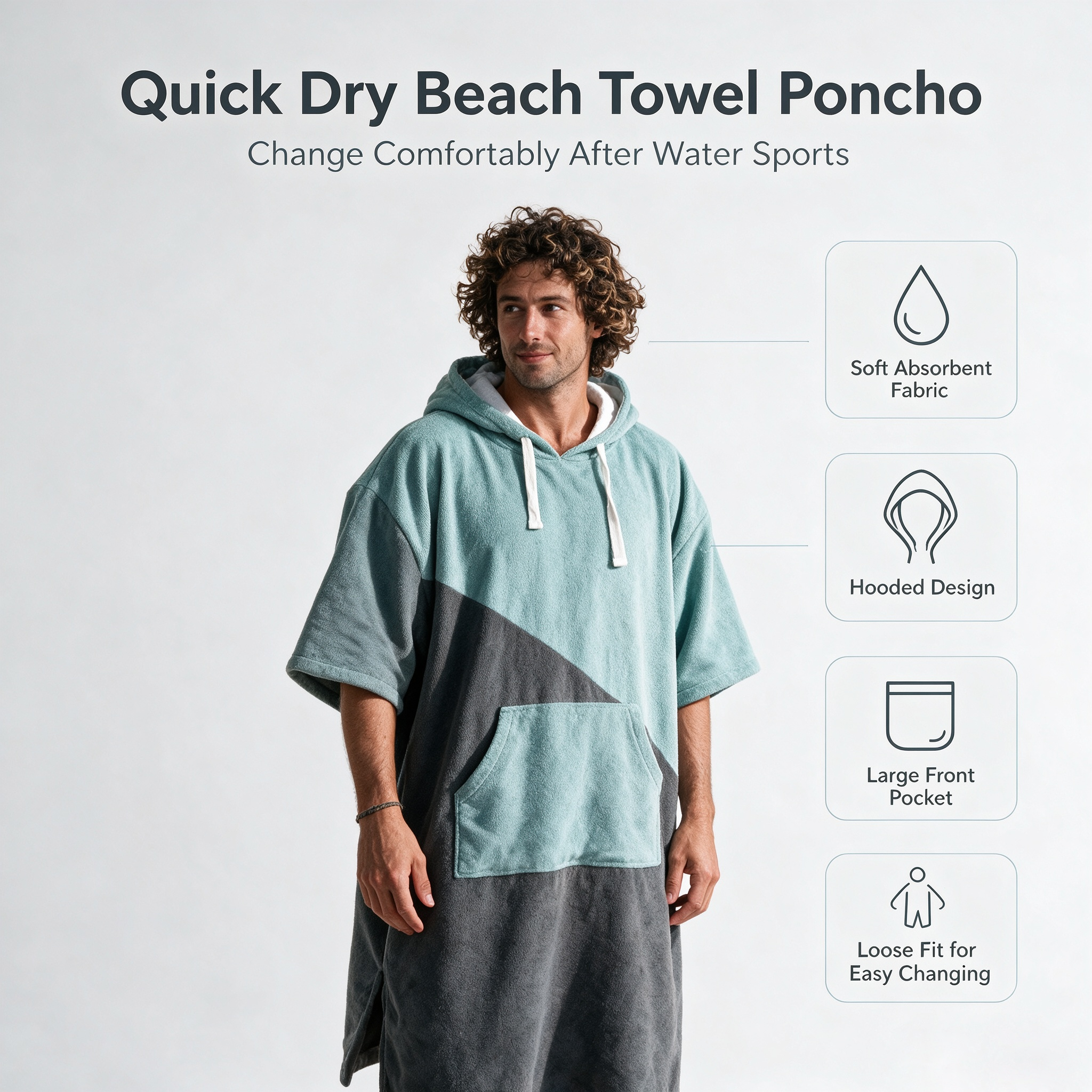 Surfponcho met capuchon, handdoekjas, sneldrogend, omkleedjas, zwemmen, surfen, duiken, draagbare badhanddoek, reizen, fitness, strand