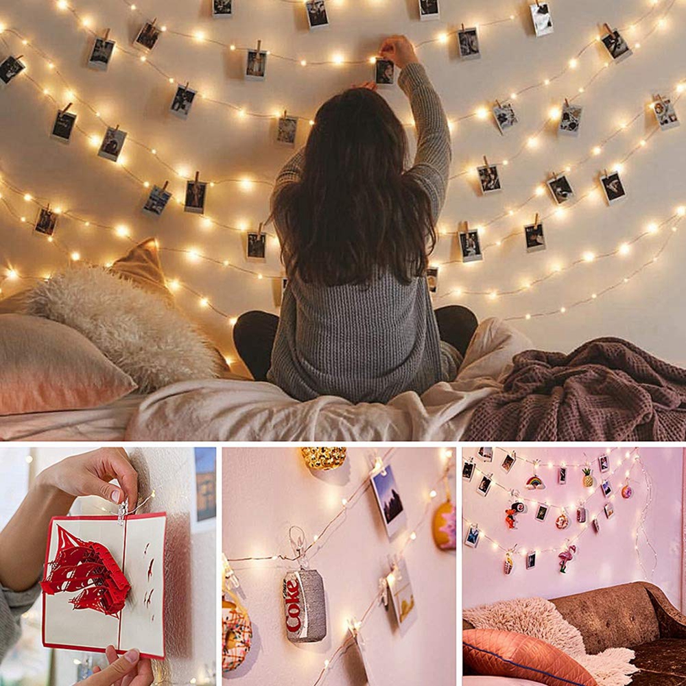 Guirnalda de luces LED con Clip para fotos, 50 luces LED de hadas, 50 Clips para colgar fotos, decoraciones de boda y pared de dormitorio
