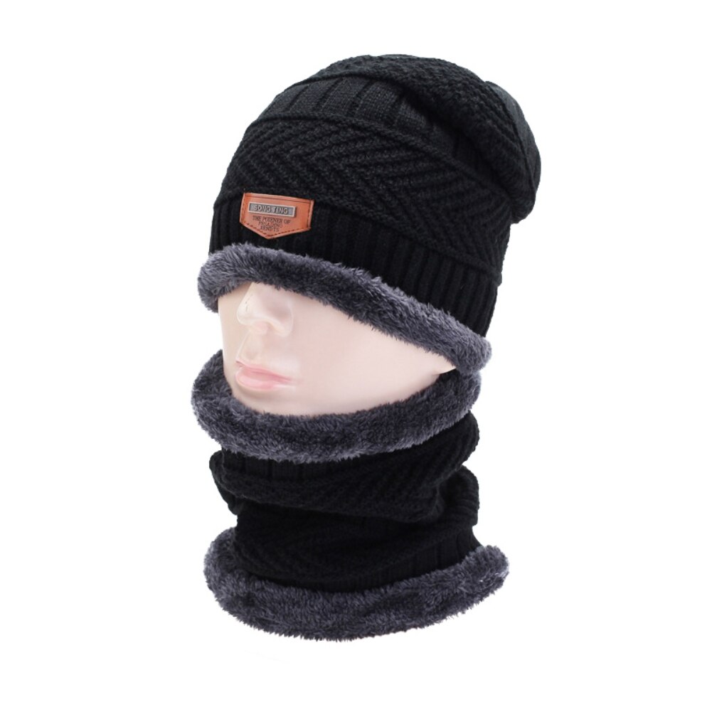 Conjunto de gorro y bufanda de esquí para hombre y mujer, gorros térmicos de punto, gorros de invierno: black