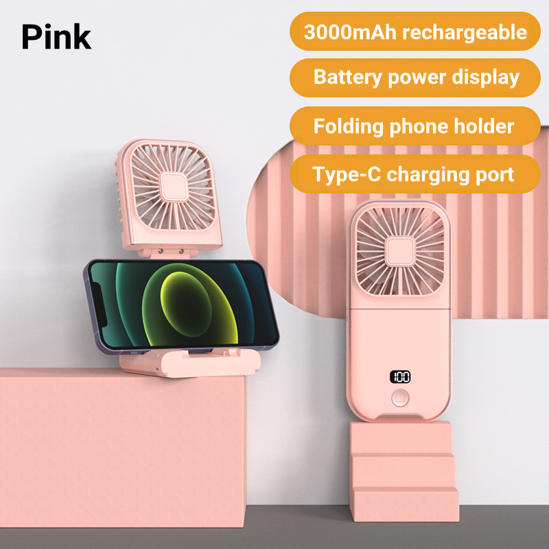 Mini ventilador de mano portátil para exteriores, ventilador de cuello colgante, carga USB, 3000mAh, alimentado por batería 180 ° Ventilador de refrigeración de aire de mesa inalámbrico plegable: Rosa