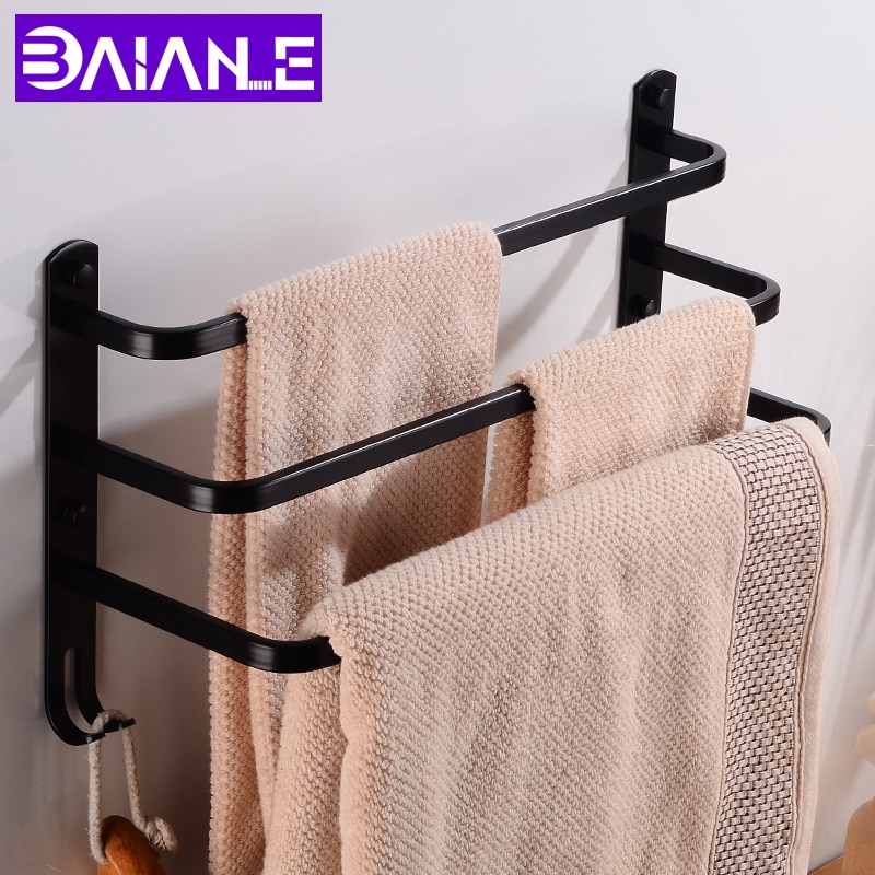 Håndklædestangholder sort aluminium tre-lags håndklædestativ vægmonteret håndklædehænger med krog badeværelse hylde hjørne bruser