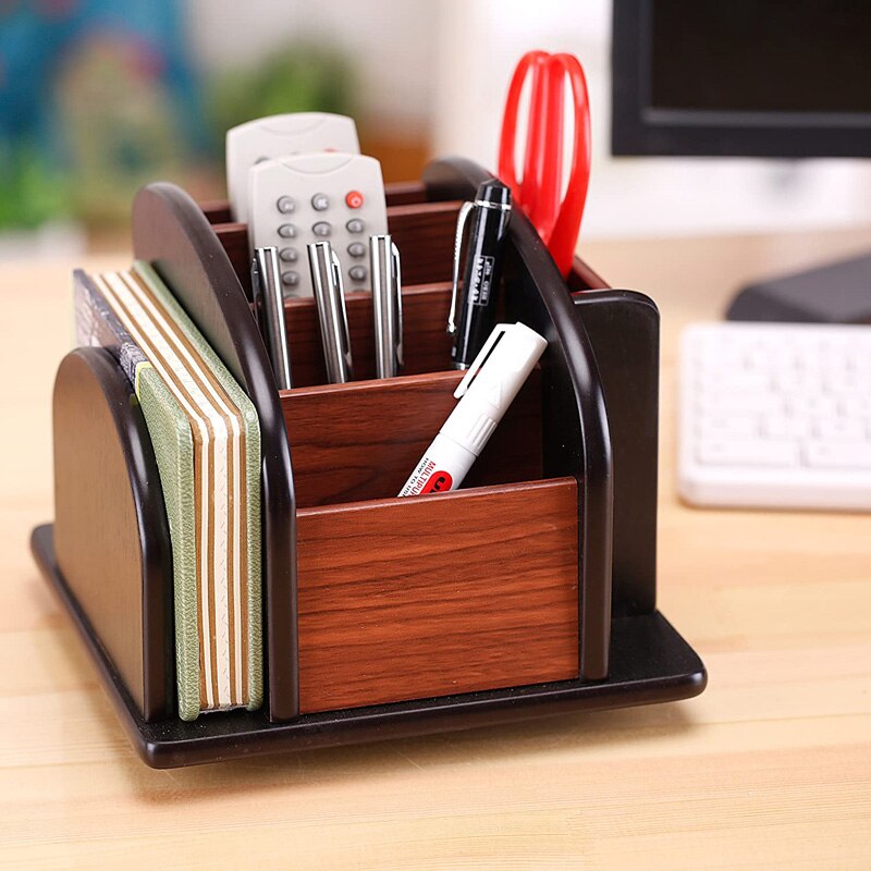 Revolving Wood Pen Pencil Holder Large Spinning Remote Controls Holder Wooden Rotating Office Supplies Desk Storage Organizer