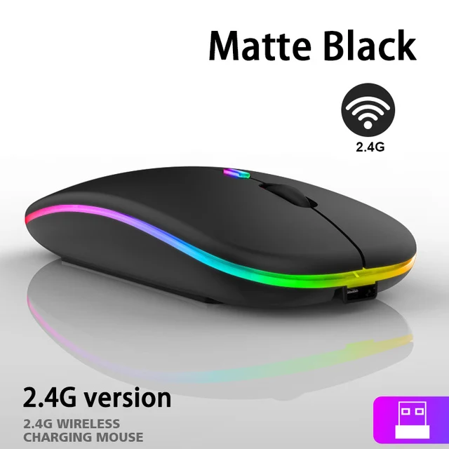 Wiederaufladbare kabellose Maus, bunte Hintergrundbeleuchtung, Mosue Silent Mute, Computerzubehör für Zuhause/Büro/Spiele: Black