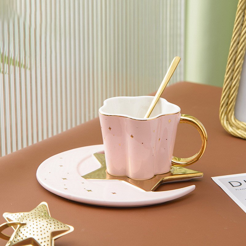 Ceramic Star Moon Shaped Coffee Mug And Saucer With Spoon Milk Tea Water Cup Gold Rim Cafe Mugs Plate Dish Coffeeware Home Cups: Pink