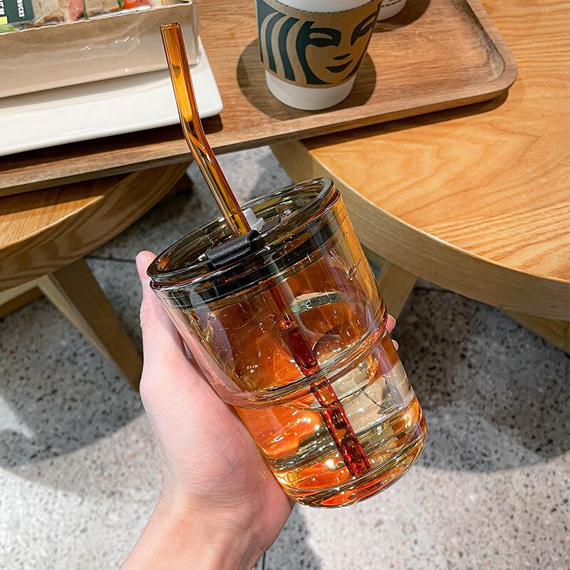 Coffee Cup High-grade Exquisite Glass Water Cup High Color Straw Cold Extraction Cup Ins Style Feeling Double Mouth Cup: Tawny 400ml