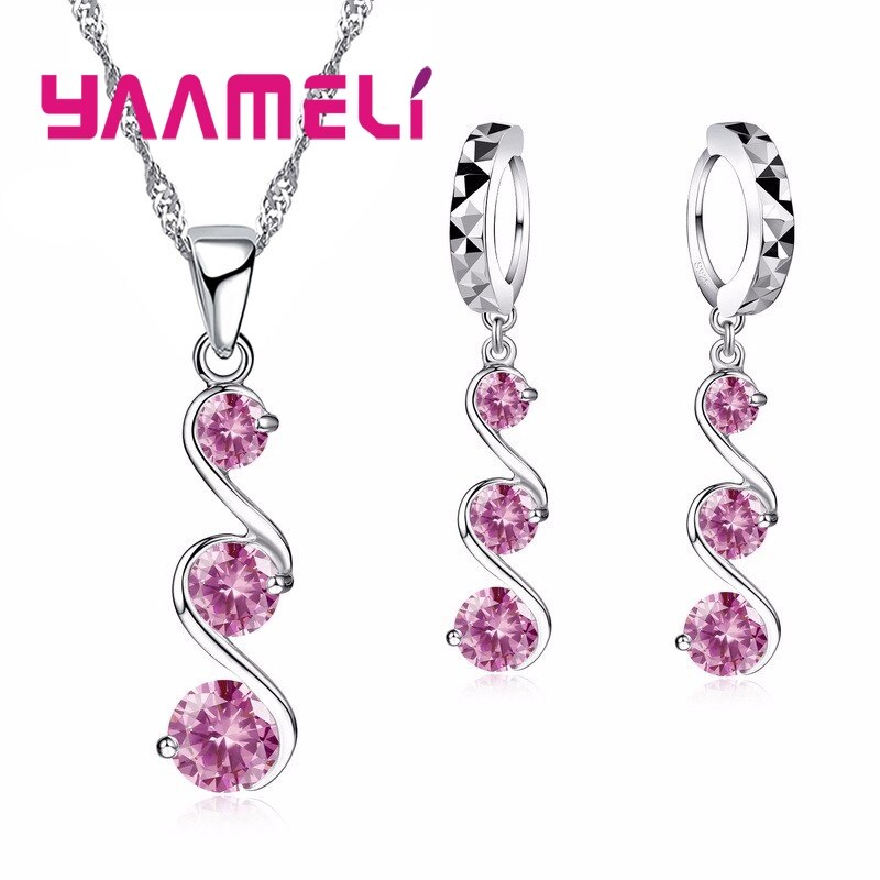 Originele 925 Sterling Silver Wedding Engagement Sieraden Sets Voor Vrouwen Meisje Dames Hanger Ketting Oorringen: Pink