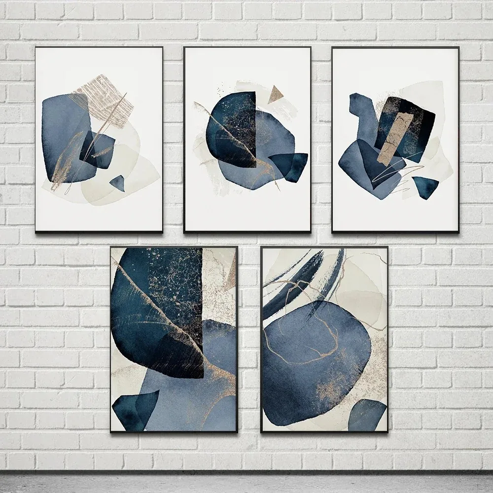 Póster geométrico de acuarela, cuadro sobre lienzo para pared abstracto azul marino nórdico, cuadro impreso moderno para oficina, decoración del hogar y habitación