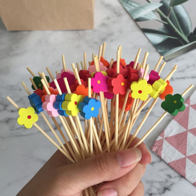 100pcs Flower Food Picks Dessert Buffet Fruit Salad Fork Cake Muffin Party Vegetable Sticks Cocktail Toothpicks Cake Sign