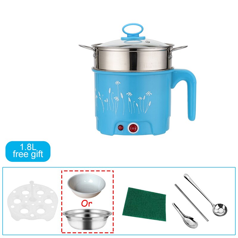 1.8L Multi-function Electric Skillet Noodles Rice Cooker Thermal Insulation Cooking Pot Pan Food Container WITH FREE: 1.8L stainless blue