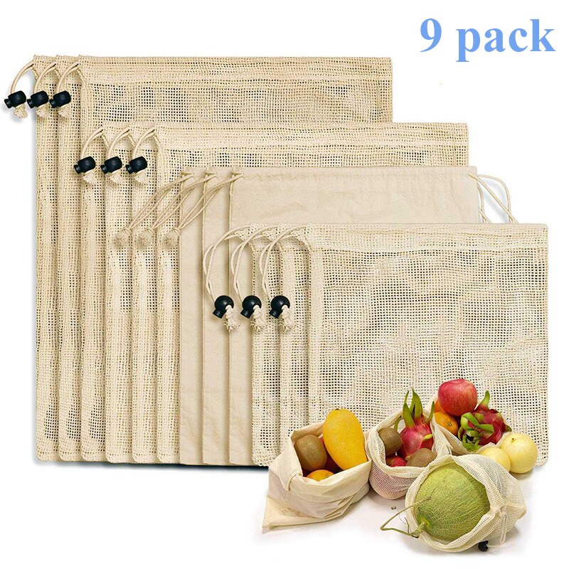 Genanvendelige indkøbsposer 100%  bomuldsgrøntsagsfrugter opbevaringsposer 12 stk mesh indkøbsposer til indkøbsprodukter til kvinder vaskbare poser: 6 mesh 3 bomuld
