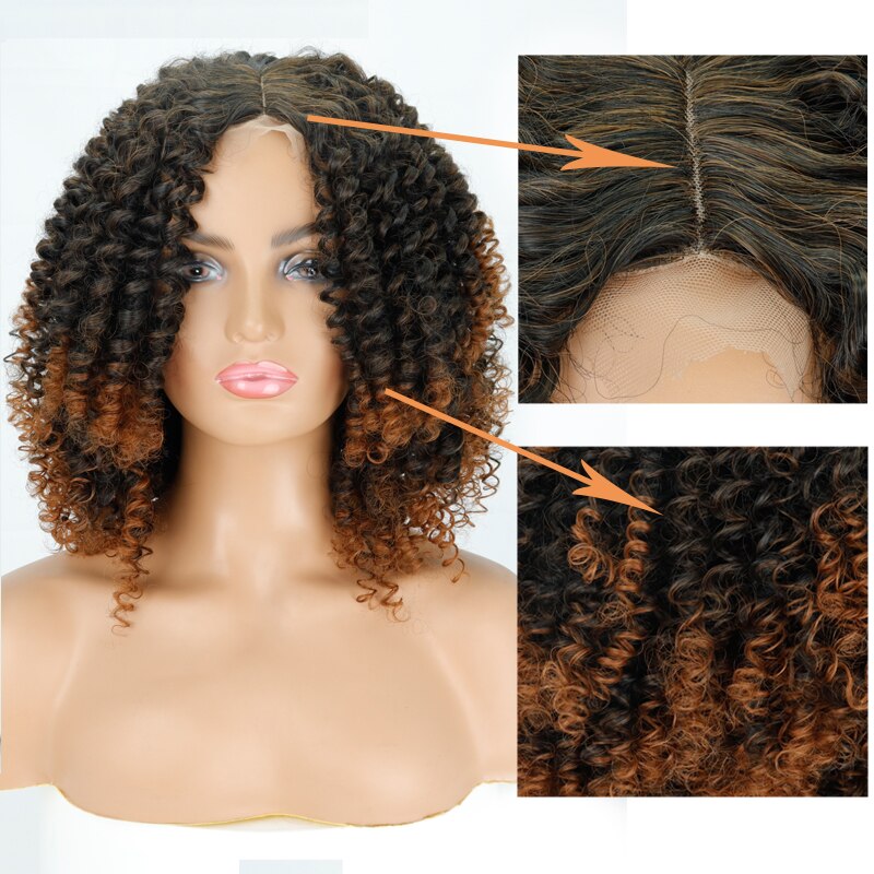 Linghang 14Inches Afro Kinky Krullend Pruik Synthetische Korte Pruik Gemengde Blonde Lace Pruik Voor Zwarte Vrouwen Daily Pruik