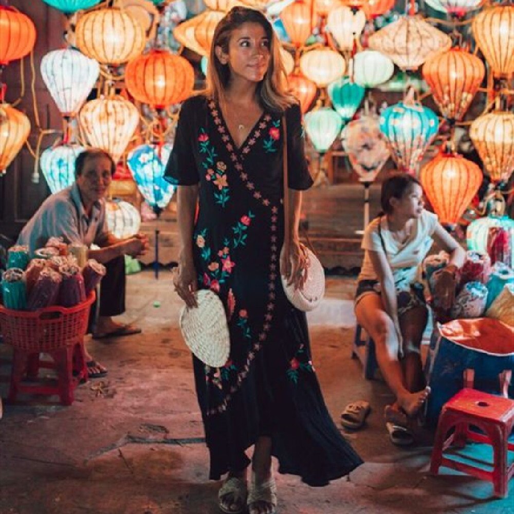 Stijl Katoen Borduurwerk V-hals Zwarte Jurk Bohemian Plus Size Beach Cover Up Vrouwen Tuniek Jurk Vestido A191