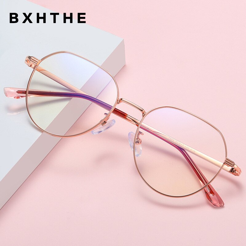 Pink Women Alloy Eyeglasses Women Prescription Optical Glasses Frame Round Myopia Spectacles Computer Eyewear
