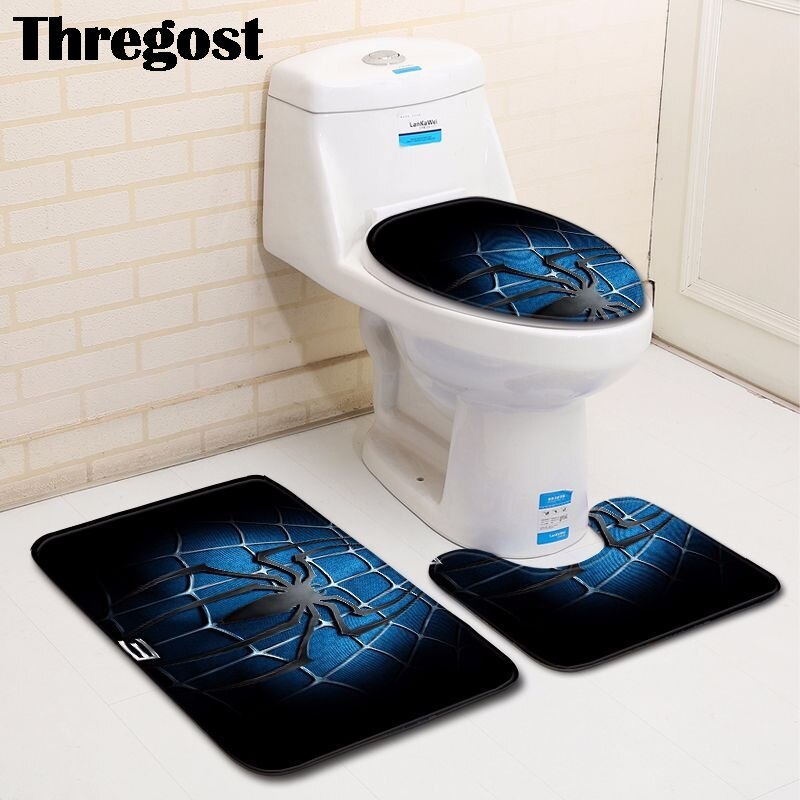 Thregost 3 stuks badmattenset u-vormig badkamertapijt cartoon spinnenpatroon toiletmatten antislip wc-mat waterabsorberende badmatten