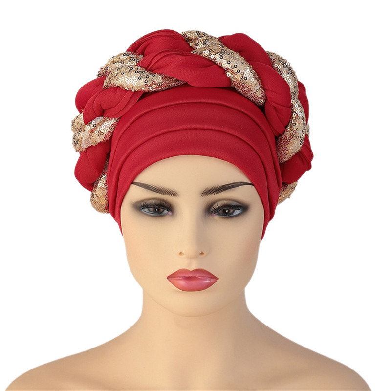 Gorro turbante trenzado de lentejuelas para mujer, tocado africano autogele: Café ligero