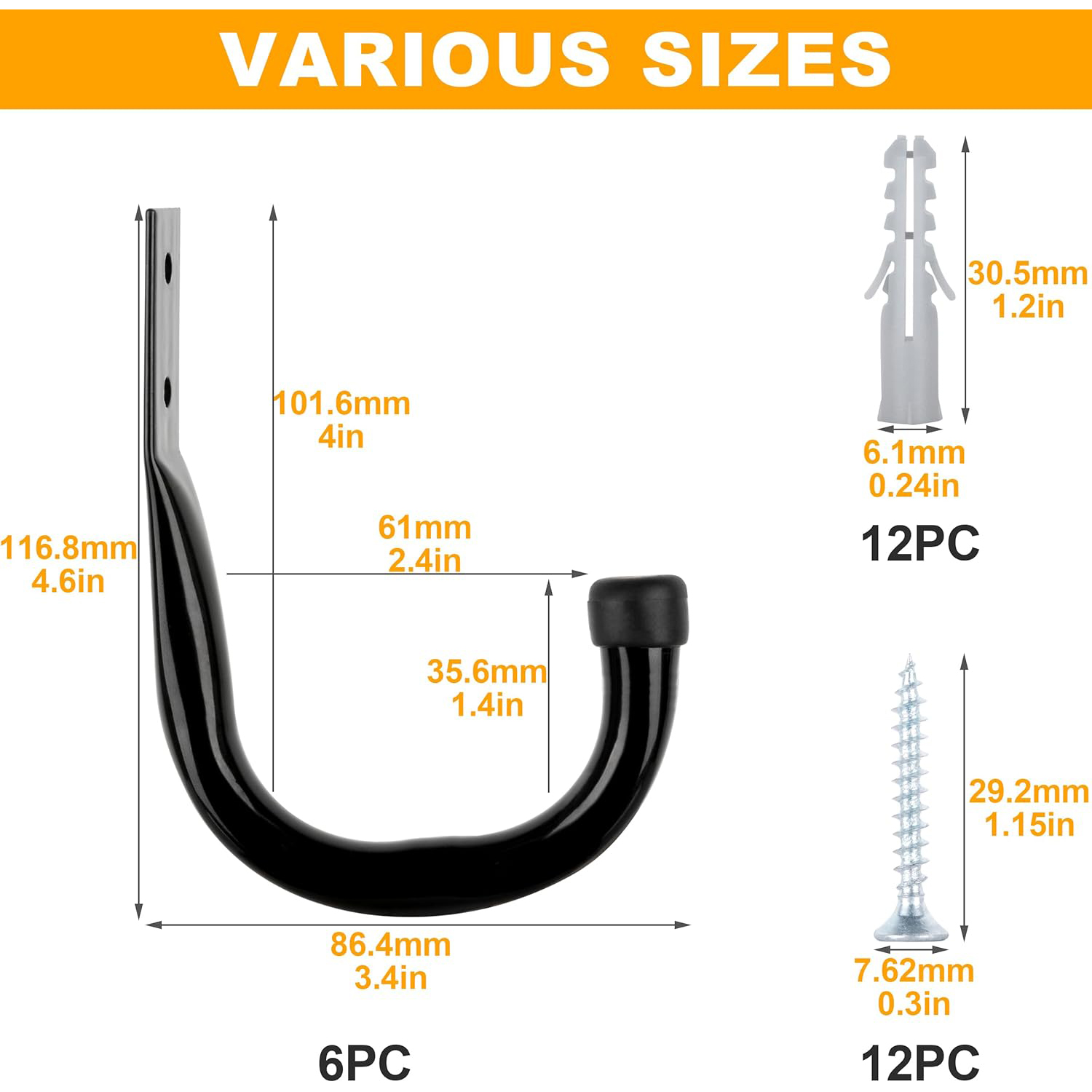 Pack of 6 Heavy-Duty Garage Hooks for Hanging, Large Garage Storage Hooks for Extension Cord Tool Cable, Black Wall-Mounted J Practical Hooks with Wall Anchors and Screws