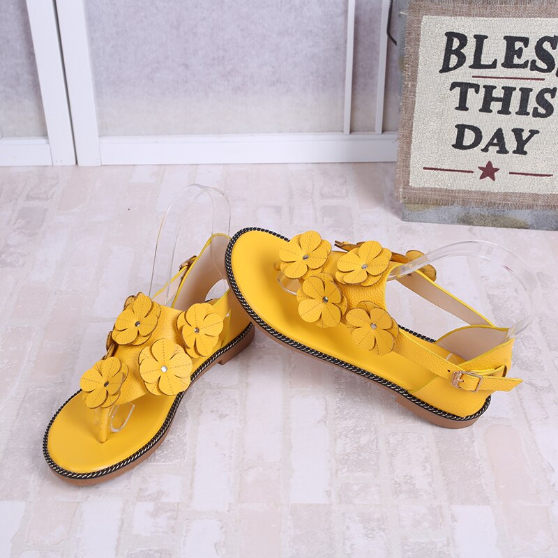YMECHIC Beach Flat Heel Flower Gladiator Sandals Women Cute Sweet Girls Flats Shoes Apricot White Yellow Sandal 39