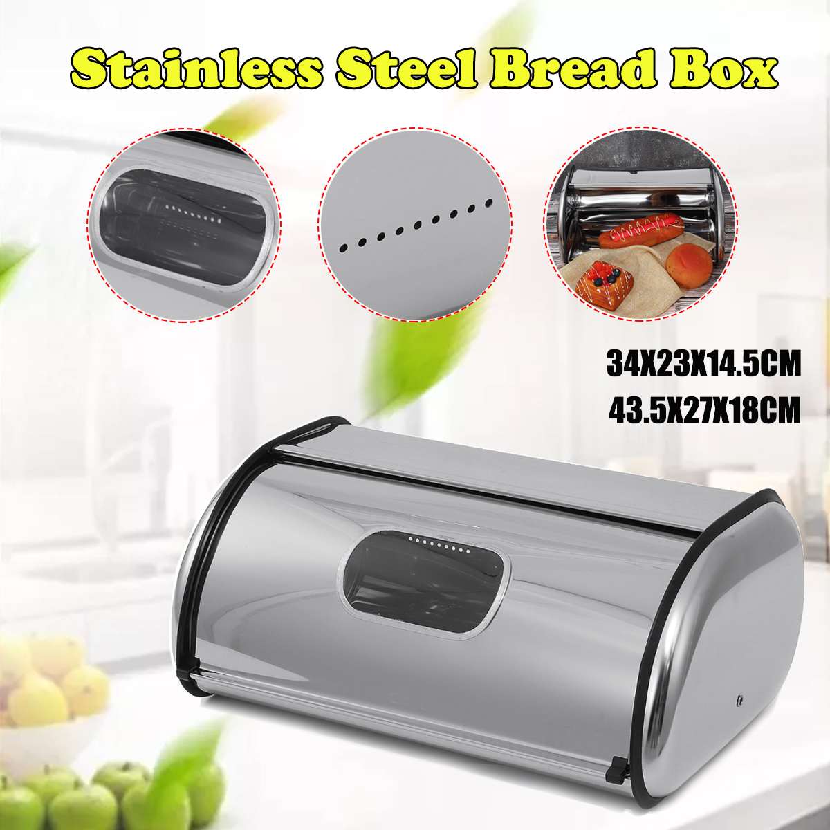 Roll Top Stainless Steel Bread Box Storage Bin Food Storage Container Kitchen Pastry Bread Holder with Visibility Window