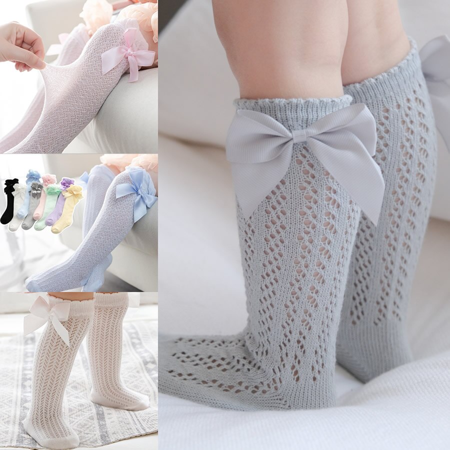 Summer Kids Socks With Bow Baby Girls Long Sock Knee High Cotton Hollow Out Toddlers Socks Mesh Children Princess Sock