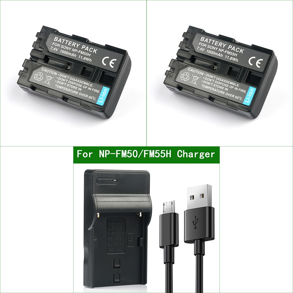 NP-FM55H FM50 Camera Digital Battery + USB Charger For Sony DSC F707 F717 F828 DSC-R1 S30 S50 S70 S75 S85 HVR-A1U DSLR-A100: 2Battery 1Charger