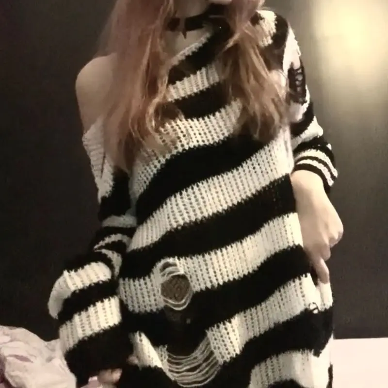 Suéteres góticos de Lolita a rayas grises de talla grande para mujer, ropa de calle holgada de punto con agujeros rasgados Y2k ahuecada rota Emo Punk JK para chica: Verde
