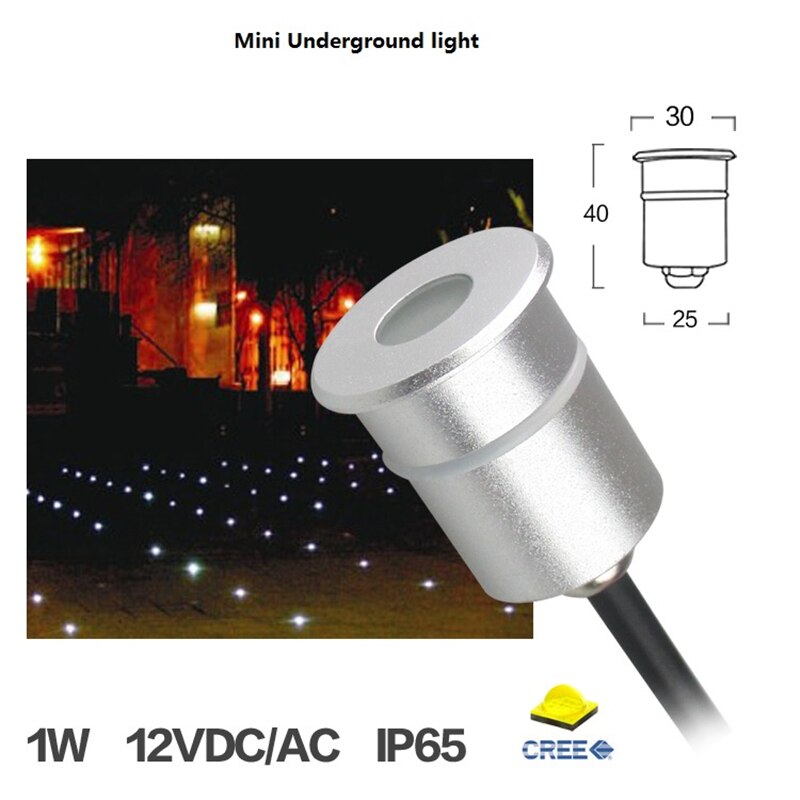 Luz LED subterránea de 1W, entrada de 30mm 12-24V IP65, lámpara led Cree de aluminio integrada, impermeable en el exterior, punto de luz