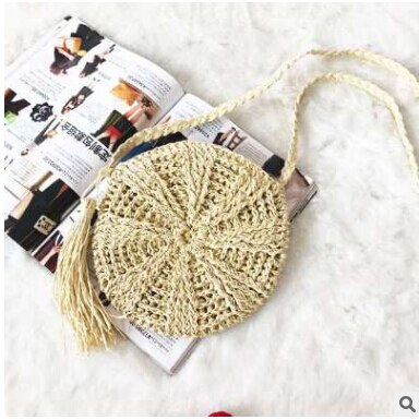 3 de las mujeres bolsa de paja de mimbre tejido bolso verano playa bolsas de vacaciones de playa Casual hecho a mano monederos: R Beige