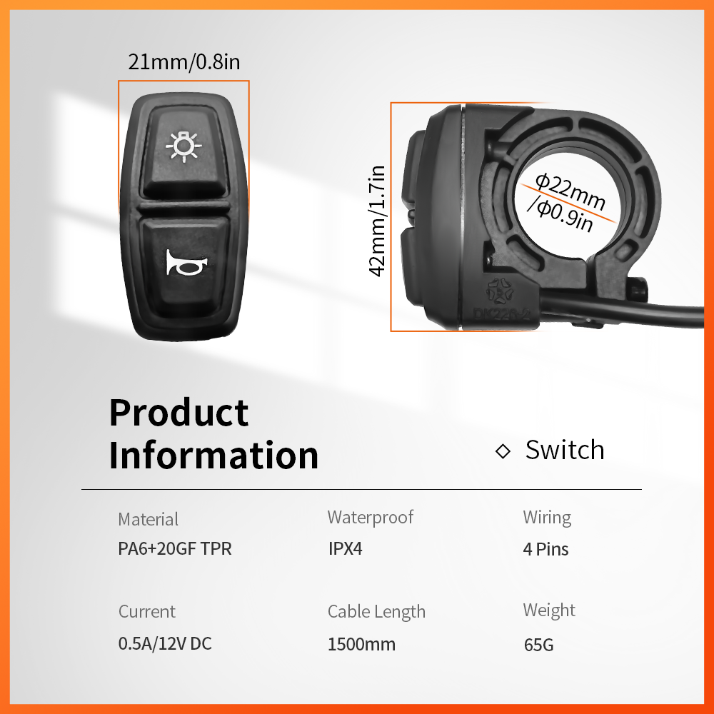 Electric Bicycle 24V-60V Headlight and Tail Light Horn DK226 Switch Cable Parts Rubber Ebike Parts Accessories