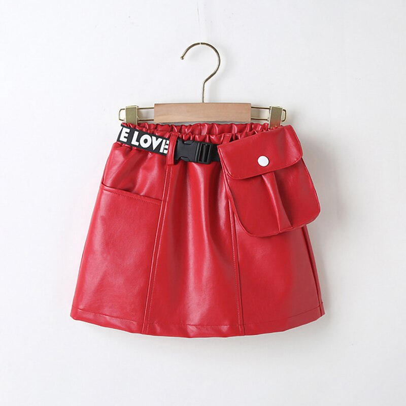 2-7 lat spódnica dla dziewczynek skórzana kieszeń elastyczna talia spódnica szkolna dziewczyny letnia spódnica dziecięca wszystkie mecze krótkie spódniczki dziewczęce: Czerwony / 2T-3T(90)